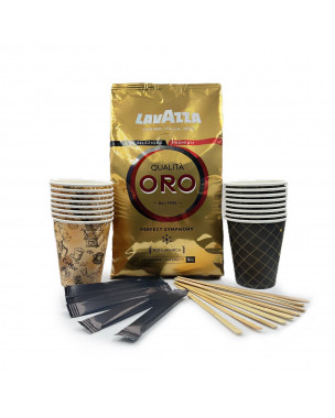 Вигідна акційна пропозиція Зернова кава Lavazza Oro + палички + цукор + стаканчики Вигідна акційна пропозиція Зернова кава Lavazza Oro + палички + цукор + стаканчики